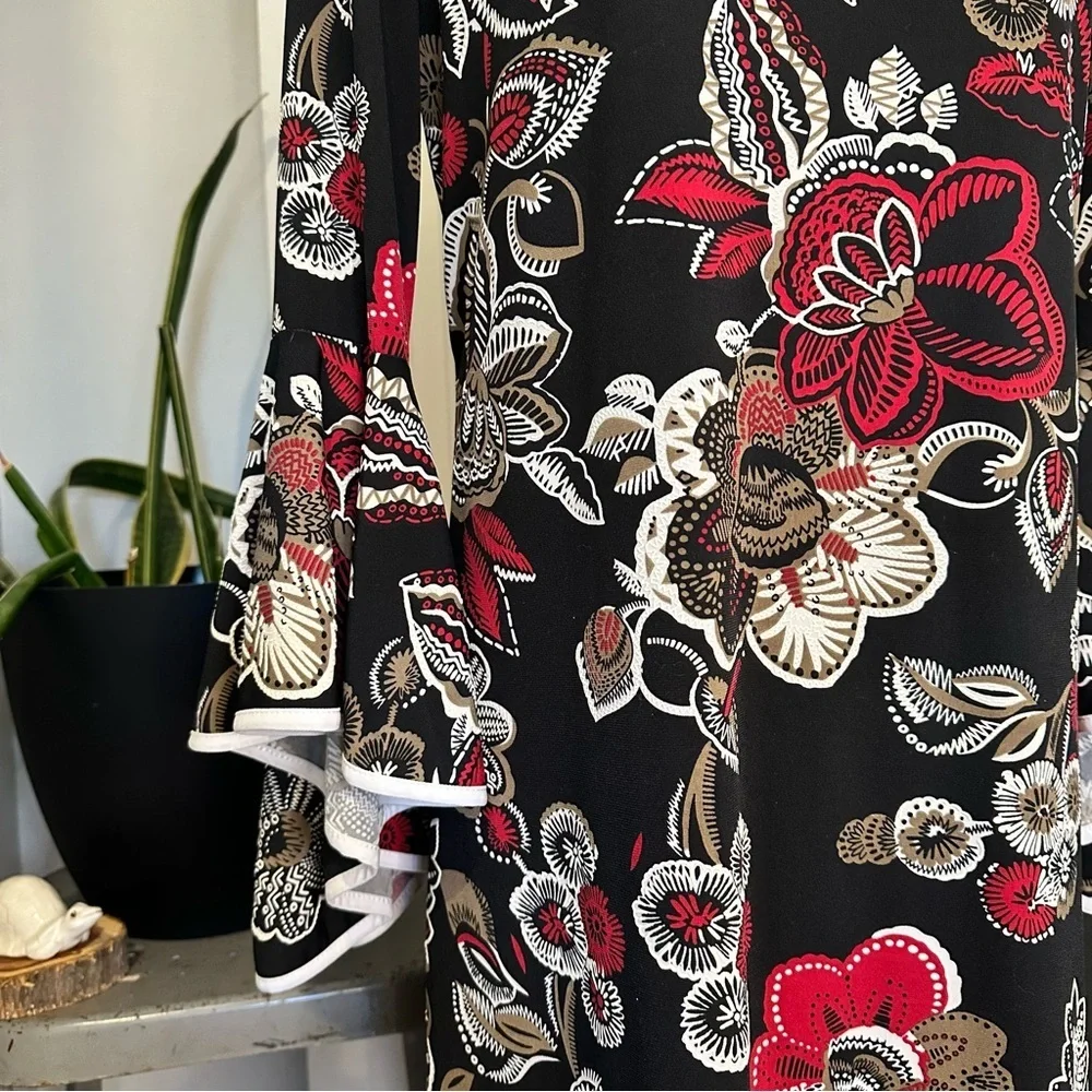 MSK Black Floral Midi Dress with Red and Cream Accents